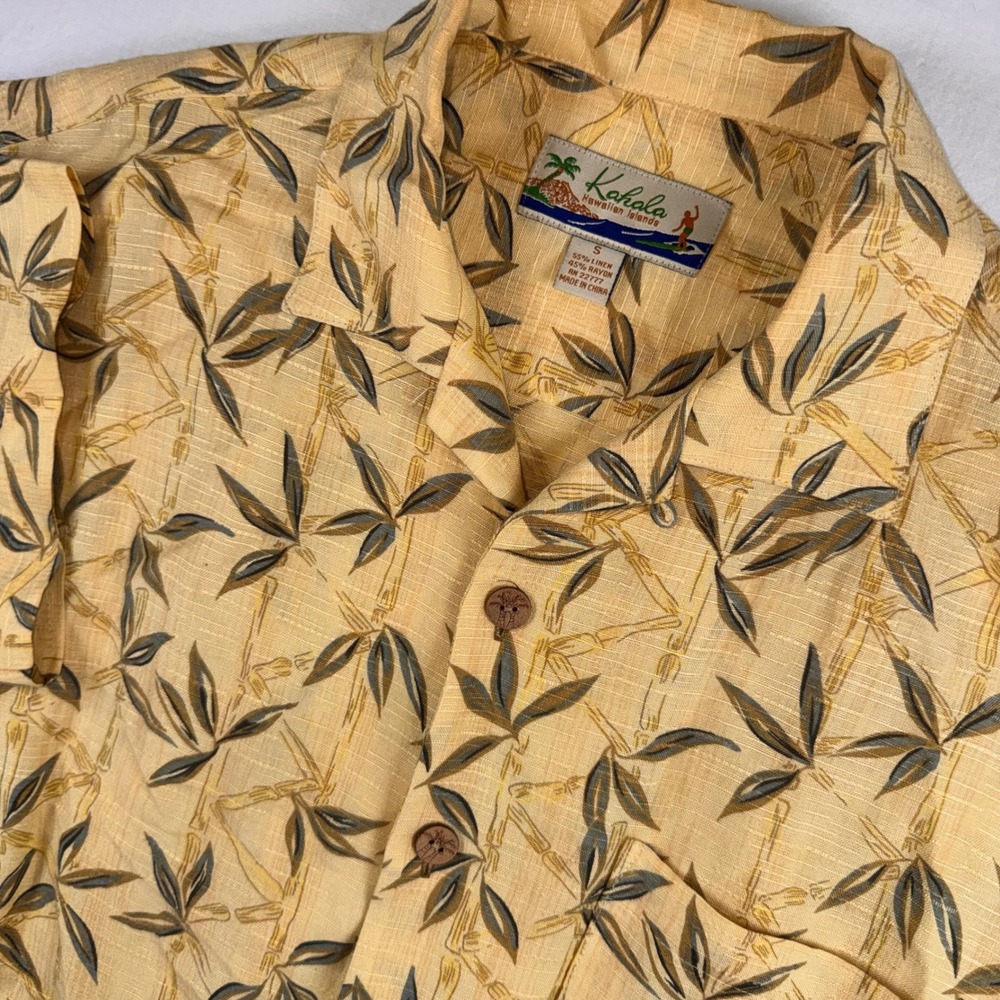 Kahala Button Down Shirt Mens Small Yellow Bamboo Leaf Linen Blend Camp Collar